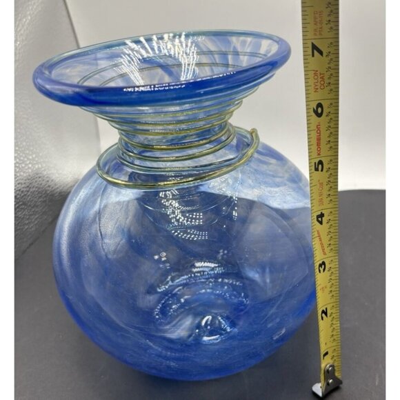 Blenko Spiral Swirl Vase Marbled Blue/Clear and Gold Swirl on neck - Picture 7 of 7